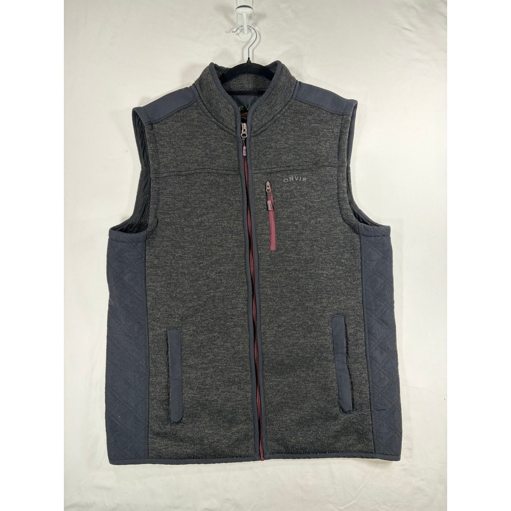 Orvis Full Zip Vest Mens Large Gray Navy Excellent Hybrid Quilted Knit Pockets